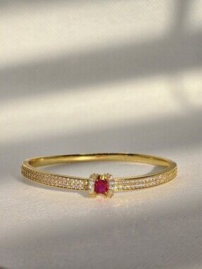 Gold Red Ruby Crystal Pave Bangle Bracelet Rhinestone Hinged Cuff